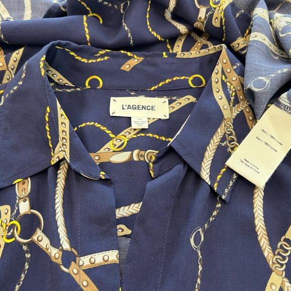 L’AGENCE BLUE EQUESTRIAN STRAP PRINT SHIRT SIZE LARGE NWOTS! - Picture 13 of 13